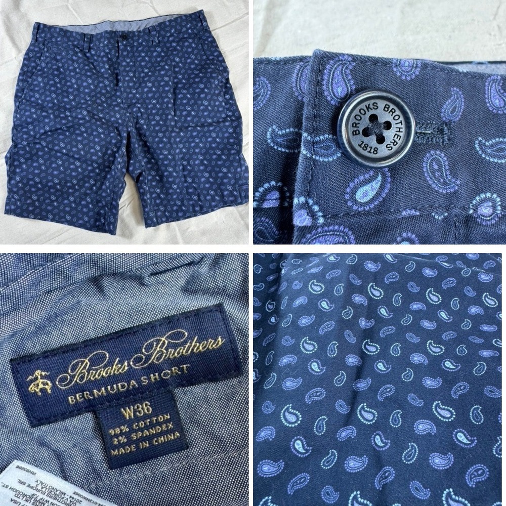 Brooks Brothers Bermuda Shorts Mens 36 Navy Blue Paisley Cotton Stretch Preppy